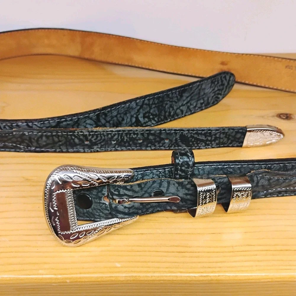 Nocona Western Belt Black &‎ Gray Crackle Leather Split Strap Silver Concho